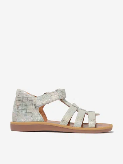 Pom D'api Girls Leather Poppy Strap Sandals In Silver