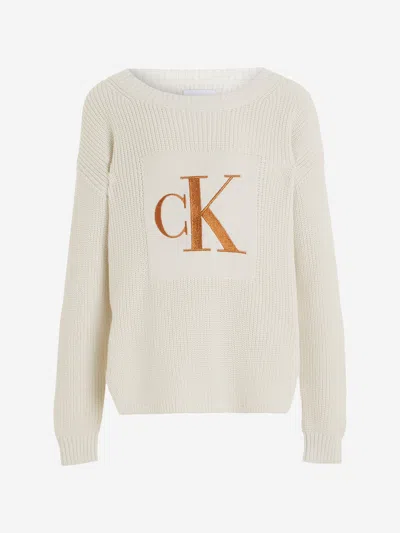 Shop Calvin Klein Jeans Est.1978 Girls Bronze Monogram Slit Sweater In Ivory