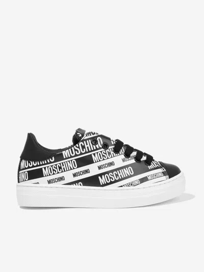 Shop Moschino Kids Leather Logo Trainers In Black
