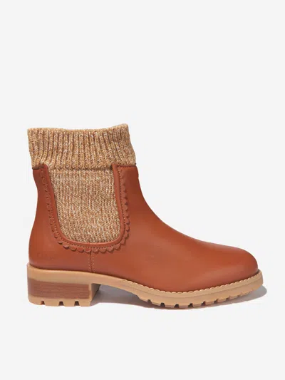 Shop Chloé Girls Leather Knitted Ankle Boots Eu 33 Uk 1 Brown