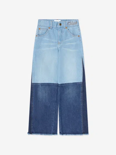 Shop Chloé Girls Contrast Denim Trousers In Blue