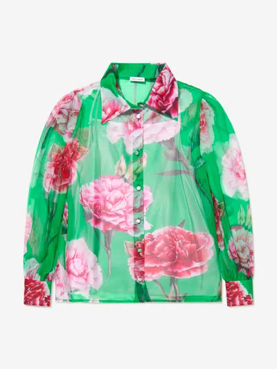 Dolce & Gabbana Girls Silk Carnation Print Blouse 8 Yrs Green In Green