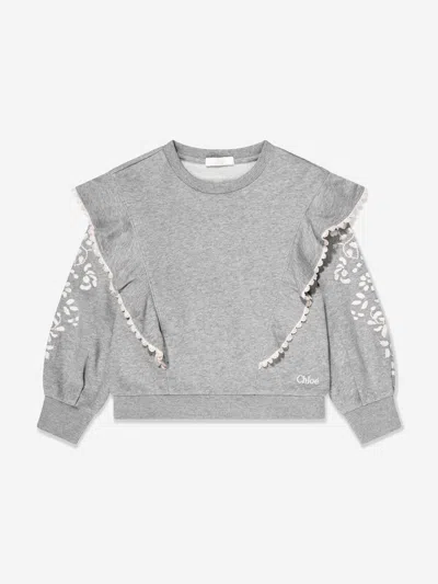 Shop Chloé Girls Embroidered Ruffle Sweatshirt In Grey