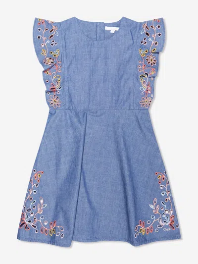 Shop Chloé Girls Embroidered Chambray Dress In Blue