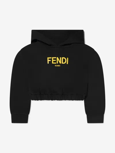 Shop Fendi Girls Cropped Logo Hooded Sweatshirt In Black