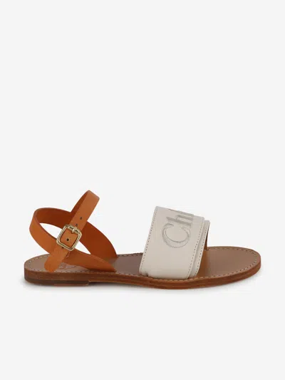 Shop Chloé Girls Leather Logo Sandals In Ivory