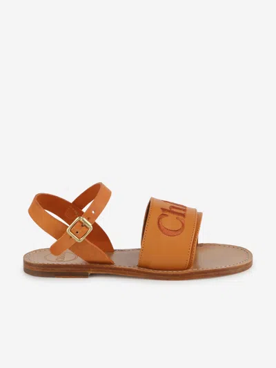 Shop Chloé Girls Leather Logo Sandals In Brown