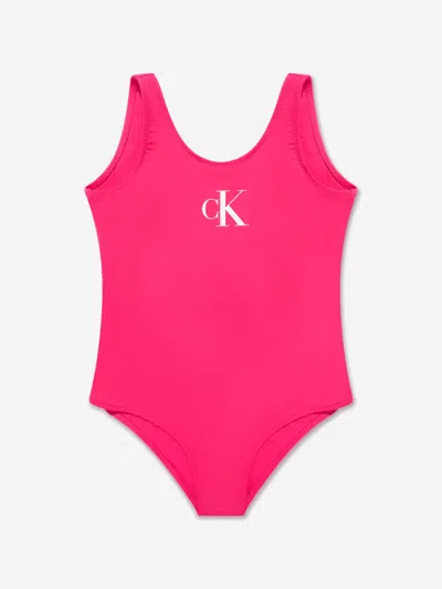 Shop Calvin Klein Jeans Est.1978 Girls Logo Swimming Costume In Pink