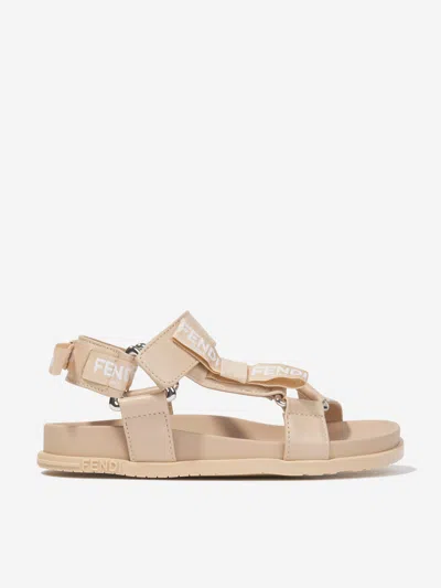 Shop Fendi Girls Leather Jacquard Logo Sandals In Beige
