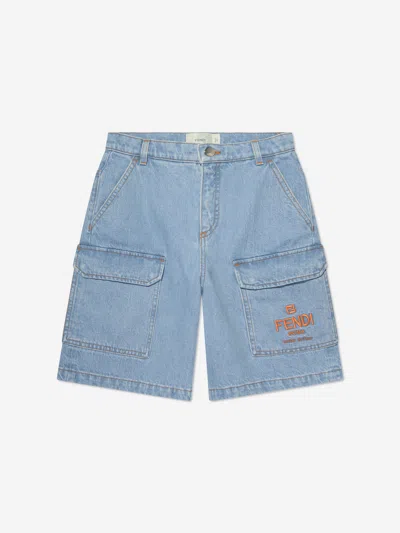 Shop Fendi Boys Big Pocket Logo Denim Shorts In Blue