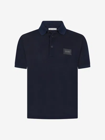 Shop Dolce & Gabbana Boys Cotton Pique Logo Polo Shirt 12 Yrs Blue