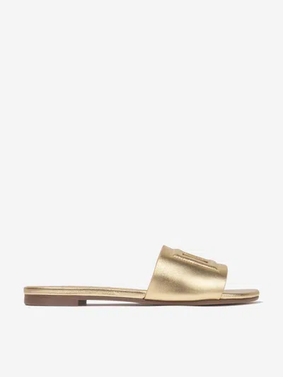 Shop Dolce & Gabbana Girls Leather Logo Slider Sandals In Gold