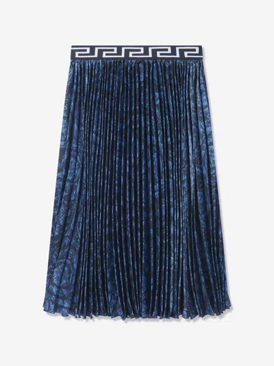 Shop Versace Girls Barocco Pleated Skirt In Blue