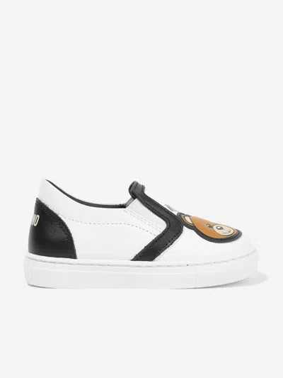 Shop Moschino Boys Leather Slip On Trainers In White