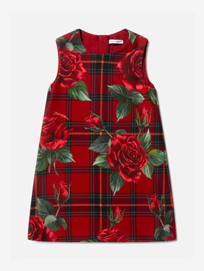 Shop Dolce & Gabbana Girls Tartan Rose Sleeveless Dress In Red