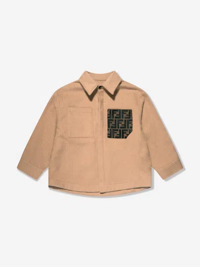 Shop Fendi Boys Ff Pocket Flannel Shirt In Beige