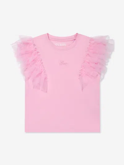 Shop Guess Girls Tulle Sleeve T-shirt In Pink