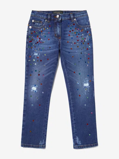 Shop Dolce & Gabbana Girls Cotton Worn Look Embellished Jeans 12 Yrs Blue