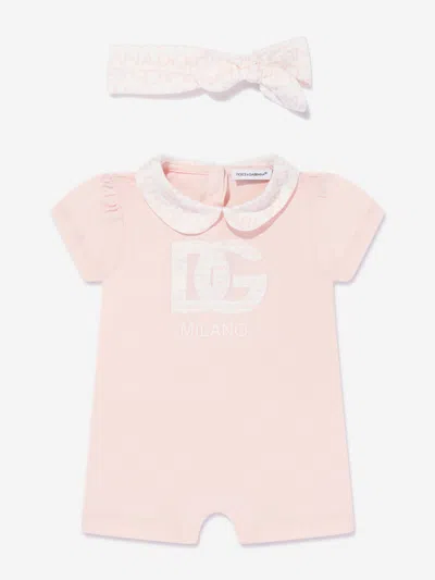 Shop Dolce & Gabbana Baby Girls Romper With Headband In Pink