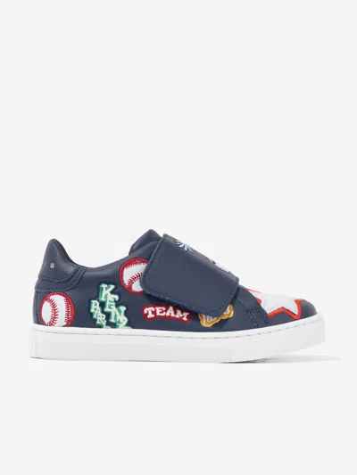 Shop Kenzo Kids Leather Embroidered Trainers In Blue