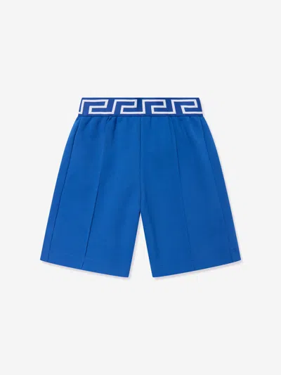 Shop Versace Boys Embroidered Logo Shorts In Blue