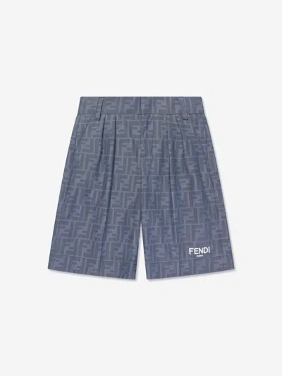 Shop Fendi Boys Chambray Ff Logo Shorts In Blue