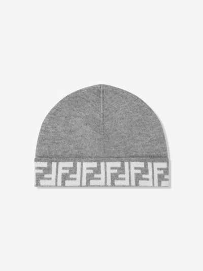 Shop Fendi Kids Ff Logo Reversible Beanie In Grey