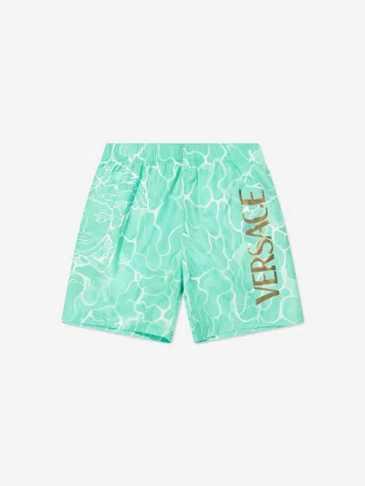 Shop Versace Boys Pool Print Swim Shorts In Green