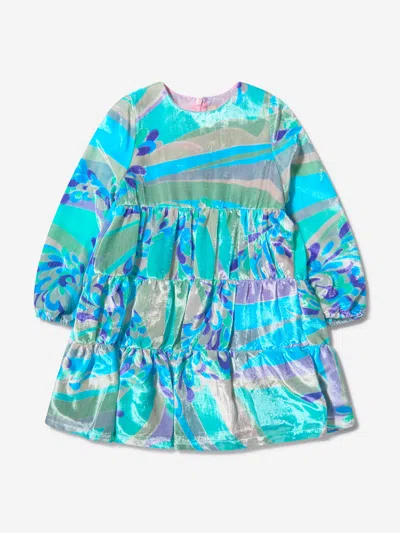 Shop Emilio Pucci Girls Silk Patterned Dress 4 Yrs Blue