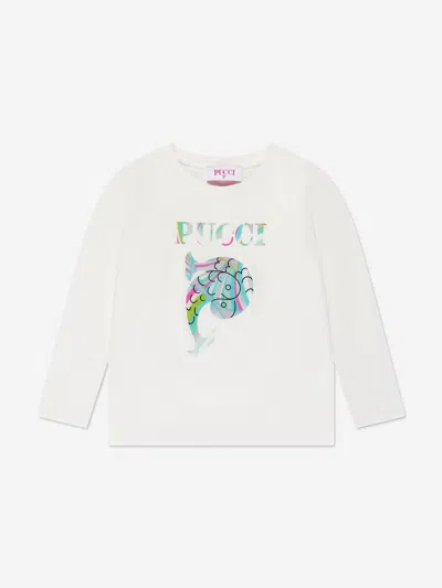 Shop Emilio Pucci Girls Long Sleeve Logo T-shirt In Ivory