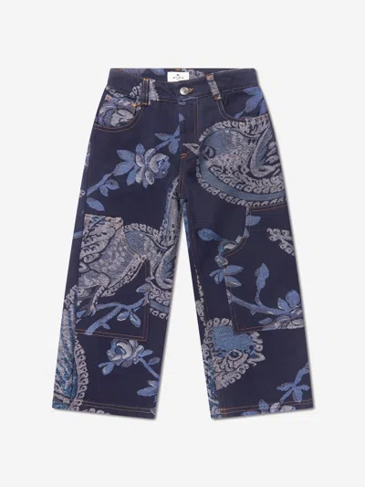 Shop Etro Boys Jacquard Bird And Flower Trousers In Blue