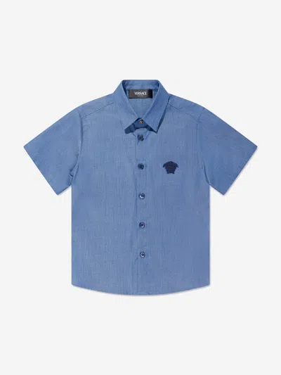 Shop Versace Boys Short Sleeve Chambray Shirt In Blue
