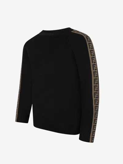 Shop Fendi Boys Wool Logo Trim Sweater In Black