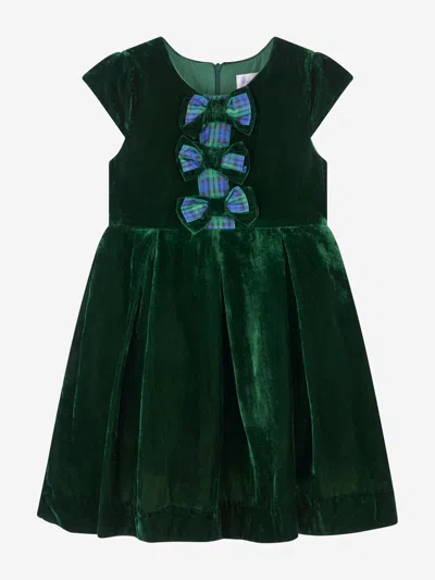 Shop Rachel Riley Girls Tartan Bow Velvet Dress In Green