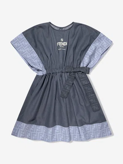 Shop Fendi Girls Chambray Ff Logo Dress In Blue