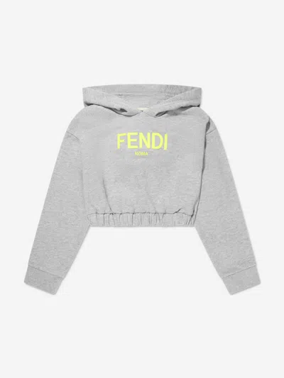 Shop Fendi Girls Logo Cropped Hoodie In Grey