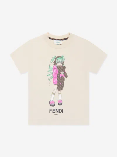 Shop Fendi Girls Graphic Print T-shirt In Beige