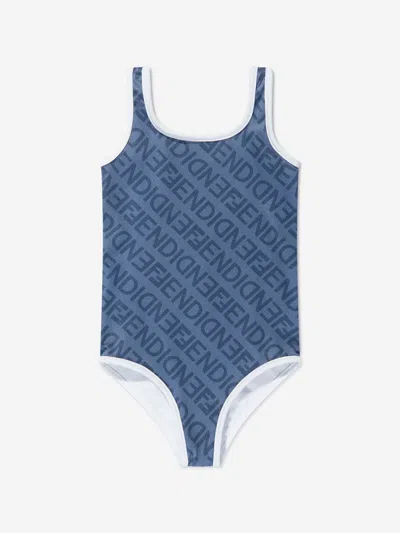 Shop Fendi Girls Logo Swimmimg Costume In Blue