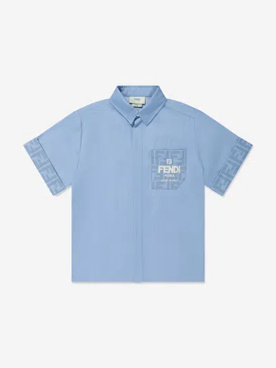 Shop Fendi Boys Chambray Ff Logo Shirt In Blue