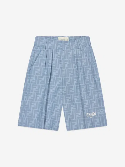 Shop Fendi Boys Chambray Ff Logo Shorts In Blue