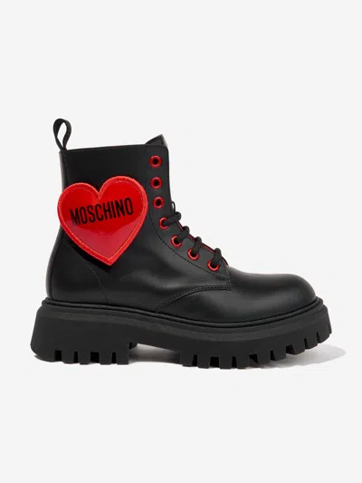 Shop Moschino Girls Leather Lace Up Heart Boots In Black