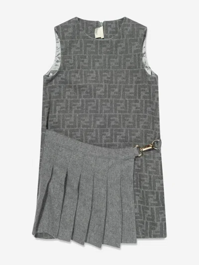 Shop Fendi Girls Ff Wool Dress In Grey