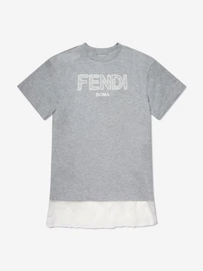 Shop Fendi Girls Jersey Logo Dress In Grey