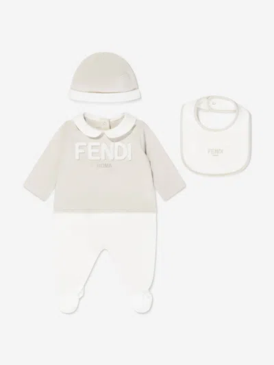 Shop Fendi Baby Logo Babygrow Gift Set (3 Piece) In Beige
