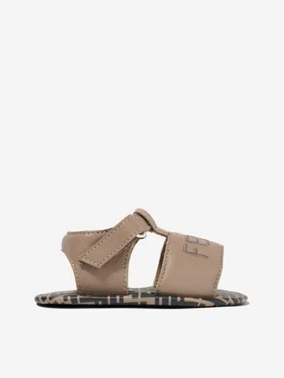 Shop Fendi Baby Leather Logo Sandals In Beige