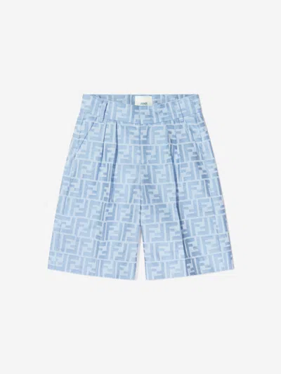 Shop Fendi Boys Linen Ff Jacquard Bermuda Shorts In Blue