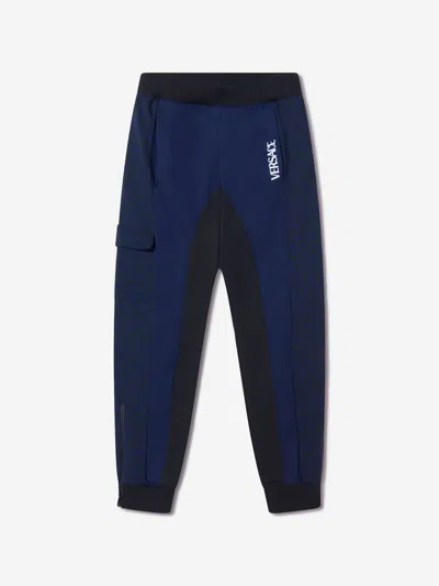 Versace Boys Cotton La Greca Signature Trim Sweatpants 8 Yrs Blue In Blue