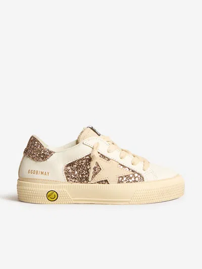 Shop Golden Goose Girls May Leather And Glitter Trainers In Ivory