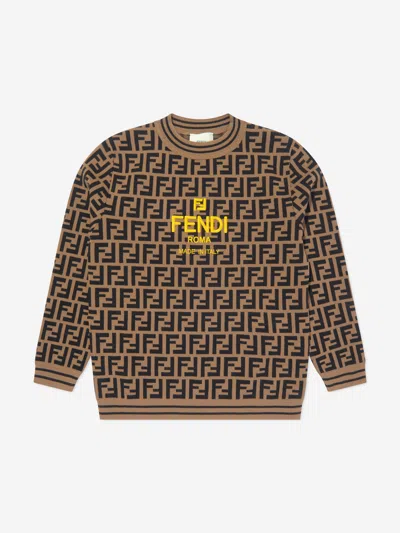 Shop Fendi Kids Ff Logo Knitted Jumper In Brown