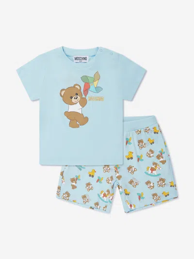 Shop Moschino Baby Teddy Bear Short Set In Blue